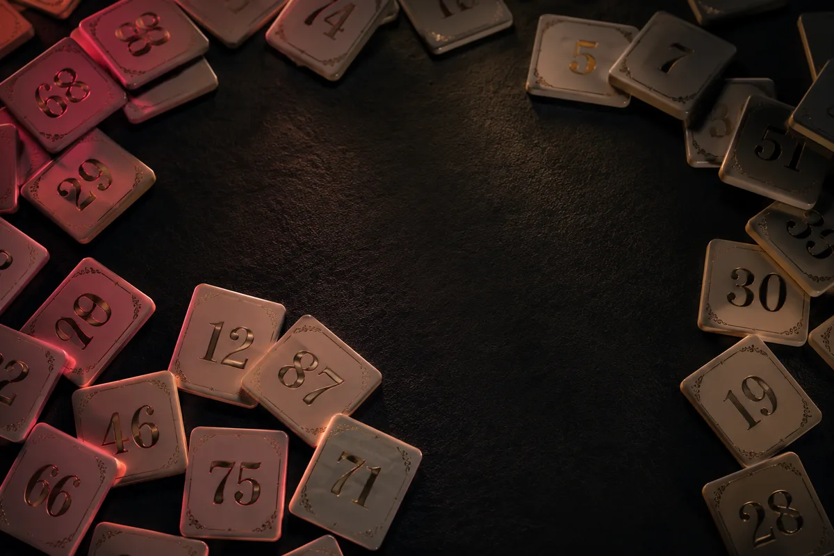 Abstract photo of scattered illuminated number tiles