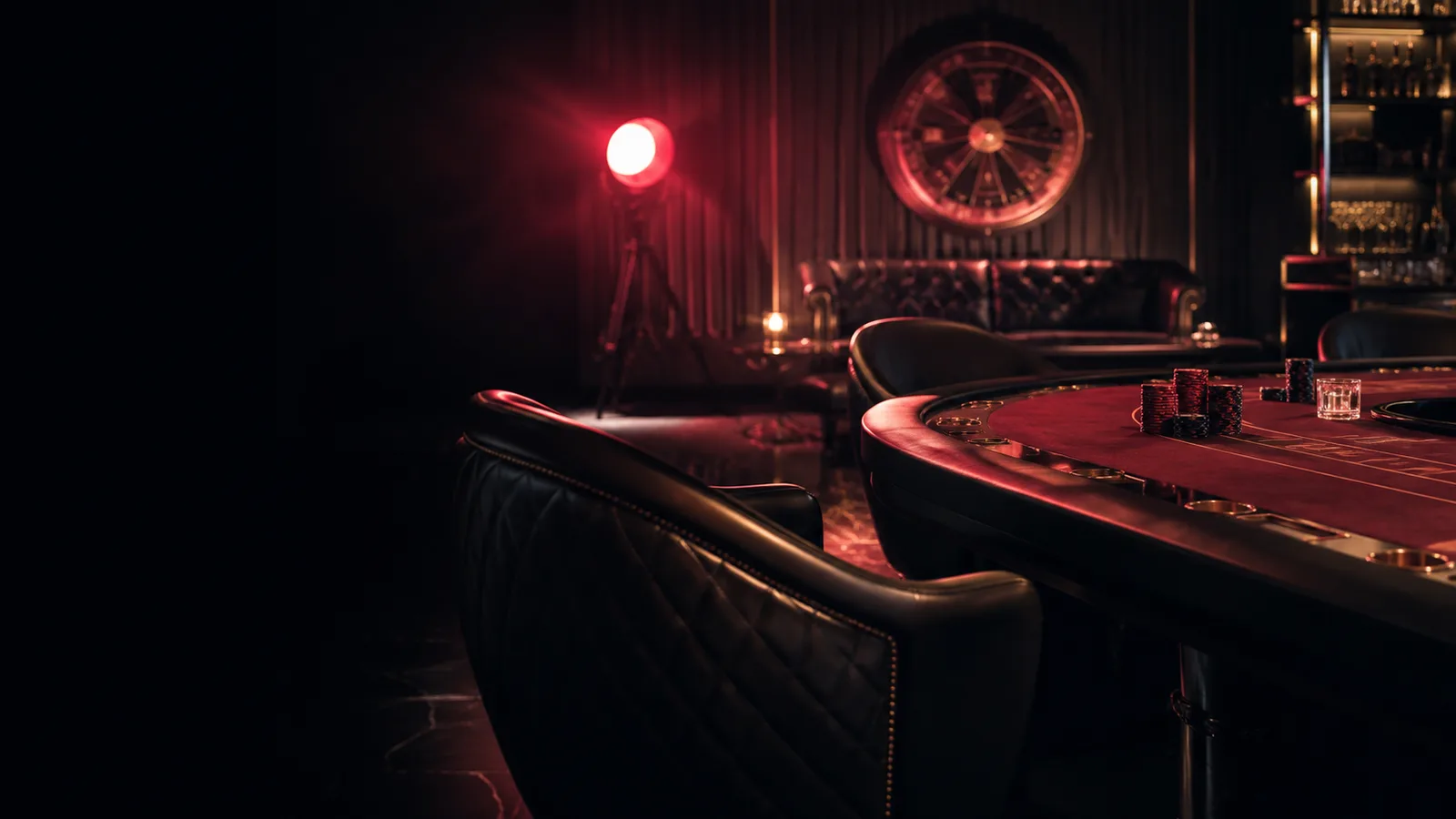 Cinematic dark gaming-lounge atmosphere with a rose-illuminated abstract reel motif